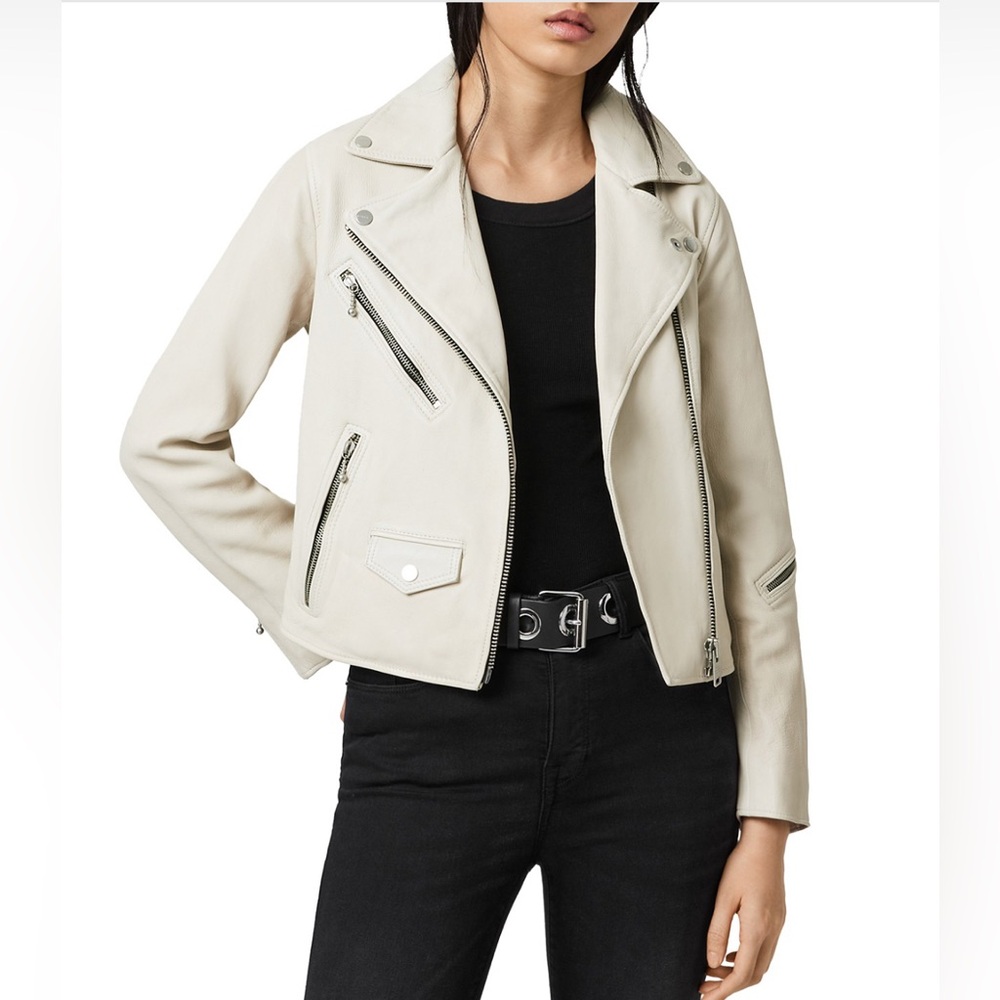All Saints Riley Cream Leather Jacket Size 8